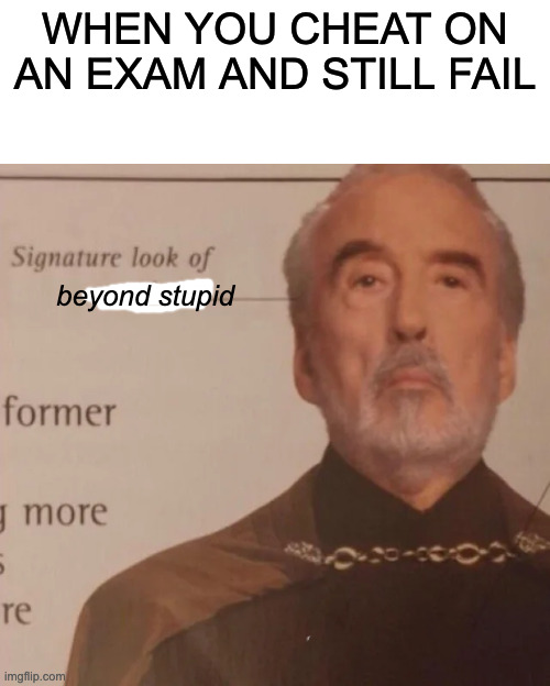 D U M | WHEN YOU CHEAT ON AN EXAM AND STILL FAIL; beyond stupid | image tagged in signature look of superiority | made w/ Imgflip meme maker