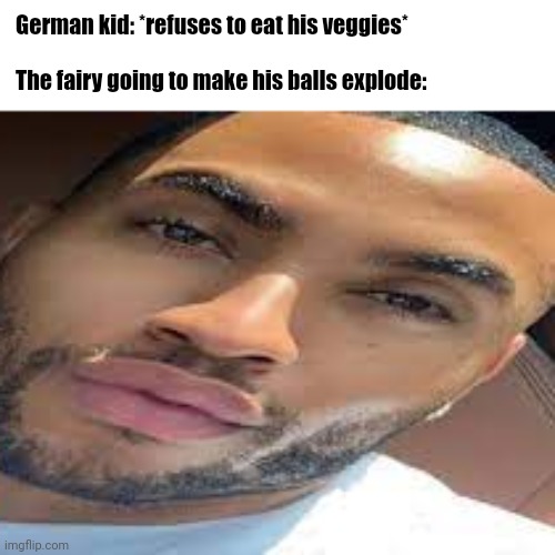 lightskin stare | German kid: *refuses to eat his veggies*
   
The fairy going to make his balls explode: | image tagged in lightskin stare | made w/ Imgflip meme maker