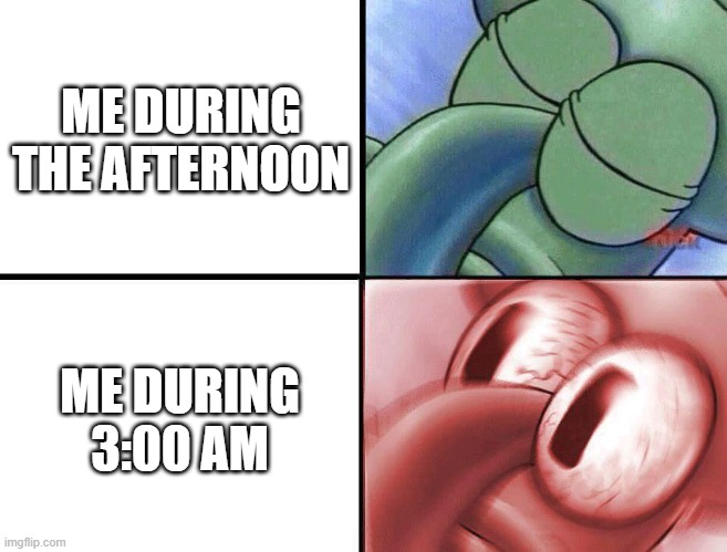thats how it be | ME DURING THE AFTERNOON; ME DURING 3:00 AM | image tagged in sleeping squidward | made w/ Imgflip meme maker