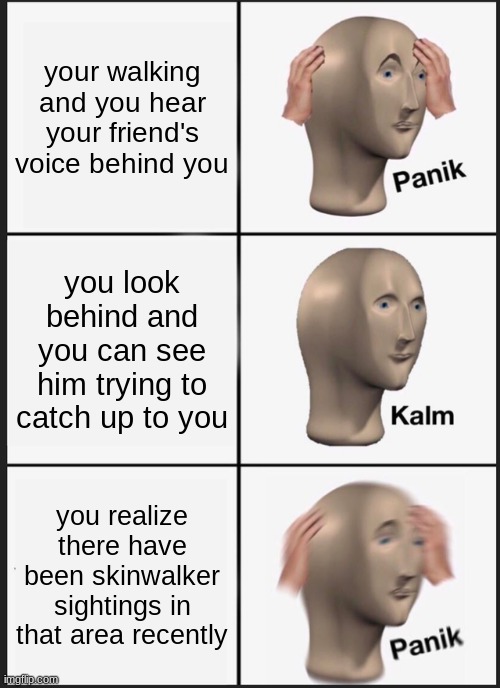 hehehe ha | your walking and you hear your friend's voice behind you; you look behind and you can see him trying to catch up to you; you realize there have been skinwalker sightings in that area recently | image tagged in memes,panik kalm panik | made w/ Imgflip meme maker