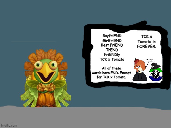 Gobbleygourd's (illegal) opinion on tck x tomato (he will be cooked soon) | TCK x Tomato is FOREVER. BoyfriEND
GirlfriEND
Best FriEND
TrEND
FriENDly
TCK x Tomato; All of these words have END. Except for TCK x Tomato. | made w/ Imgflip meme maker