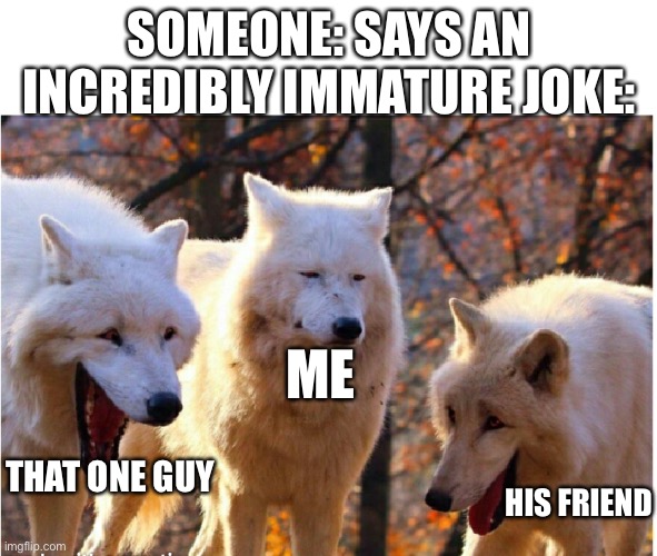 I’m constantly stuck between the two | SOMEONE: SAYS AN INCREDIBLY IMMATURE JOKE:; ME; THAT ONE GUY; HIS FRIEND | image tagged in laughing wolves,funny memes | made w/ Imgflip meme maker