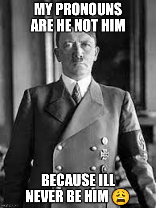 Aint no way? | MY PRONOUNS ARE HE NOT HIM; BECAUSE ILL NEVER BE HIM 😩 | image tagged in adolf hitler | made w/ Imgflip meme maker