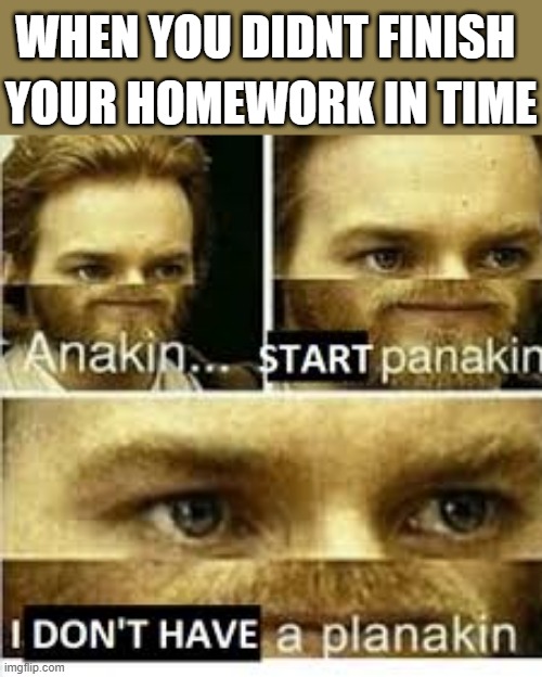 Anikan start panikan i dont have a planikan | WHEN YOU DIDNT FINISH; YOUR HOMEWORK IN TIME | image tagged in anikan start panikan i dont have a planikan | made w/ Imgflip meme maker