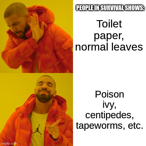 Stay hydrated | Toilet paper, normal leaves; PEOPLE IN SURVIVAL SHOWS:; Poison ivy, centipedes, tapeworms, etc. | image tagged in memes,drake hotline bling | made w/ Imgflip meme maker