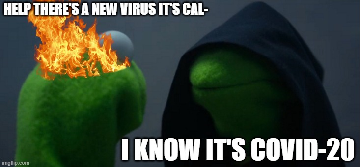 Get ready in 2069 | HELP THERE'S A NEW VIRUS IT'S CAL-; I KNOW IT'S COVID-20 | image tagged in memes,evil kermit | made w/ Imgflip meme maker