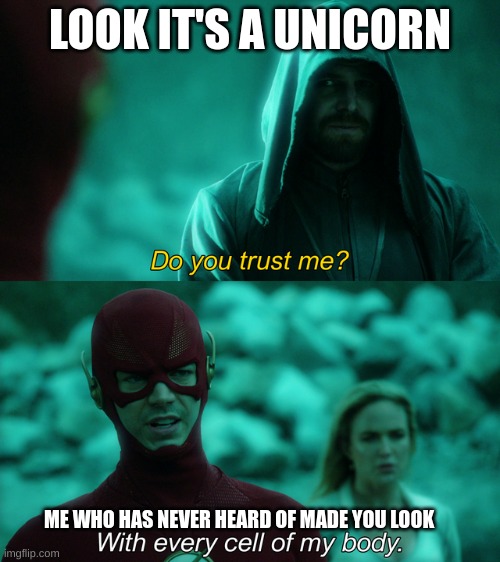 Do you trust me? | LOOK IT'S A UNICORN; ME WHO HAS NEVER HEARD OF MADE YOU LOOK | image tagged in do you trust me | made w/ Imgflip meme maker