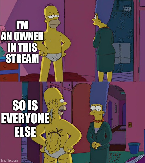 Ultimate power!....oh wait | I'M AN OWNER IN THIS STREAM; SO IS EVERYONE ELSE | image tagged in homer simpson's back fat,owner,power,funny,everyone,memes | made w/ Imgflip meme maker