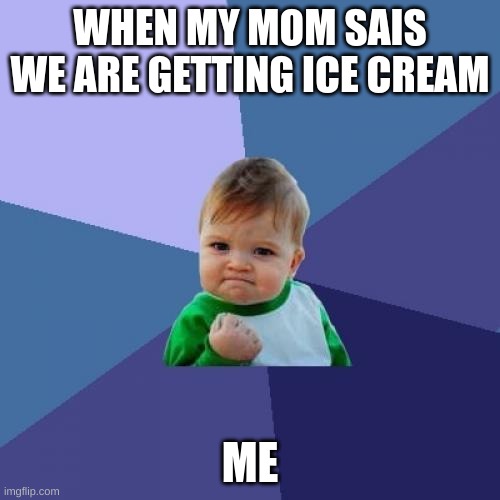 Success Kid Meme | WHEN MY MOM SAIS WE ARE GETTING ICE CREAM; ME | image tagged in memes,success kid | made w/ Imgflip meme maker