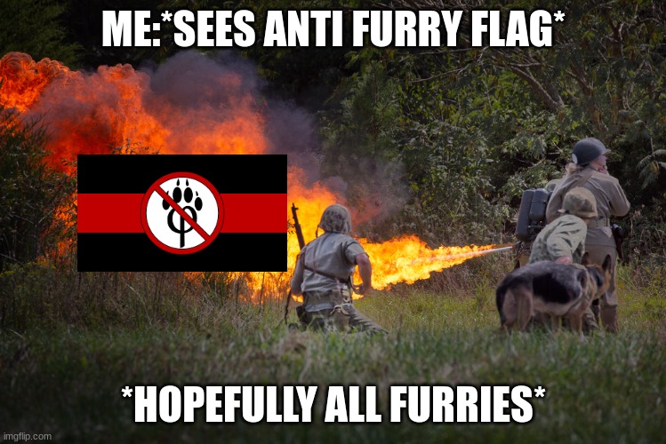 anti furry movement needs to end | ME:*SEES ANTI FURRY FLAG*; *HOPEFULLY ALL FURRIES* | image tagged in flamethrower in action | made w/ Imgflip meme maker
