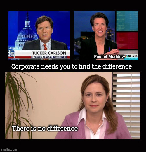Corporate needs you to find the difference ... | image tagged in corporate needs you to find the differences,rachel maddow,tucker carlson | made w/ Imgflip meme maker