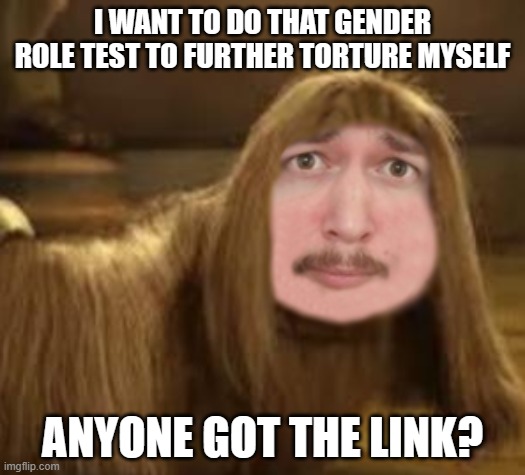 DoogalHere | I WANT TO DO THAT GENDER ROLE TEST TO FURTHER TORTURE MYSELF; ANYONE GOT THE LINK? | image tagged in doogalhere | made w/ Imgflip meme maker