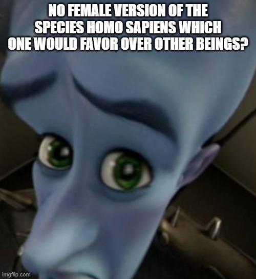 Megamind no bitches | NO FEMALE VERSION OF THE SPECIES HOMO SAPIENS WHICH ONE WOULD FAVOR OVER OTHER BEINGS? | image tagged in megamind no bitches | made w/ Imgflip meme maker