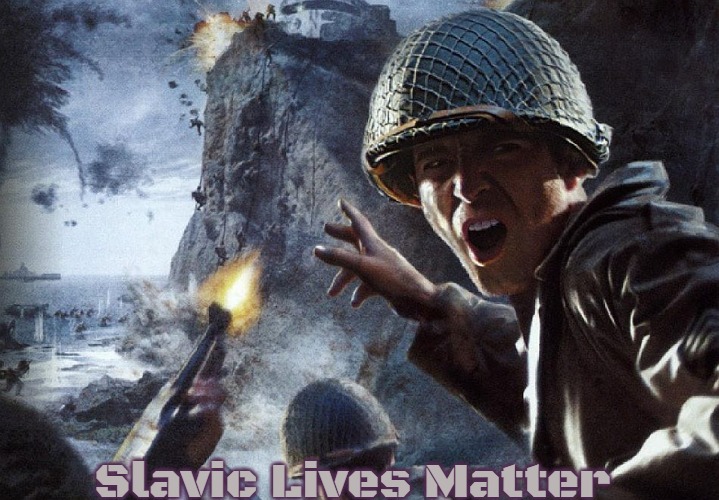 Soldiers Invading d-day | Slavic Lives Matter | image tagged in soldiers invading d-day,slavic,russo-ukrainian war | made w/ Imgflip meme maker