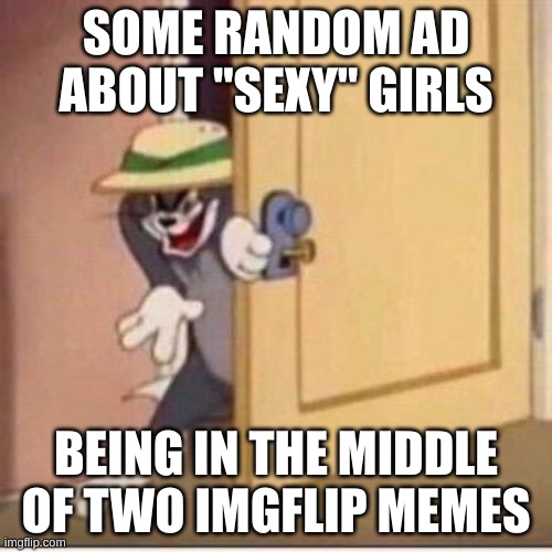 NOT AGAIN! | SOME RANDOM AD ABOUT "SEXY" GIRLS; BEING IN THE MIDDLE OF TWO IMGFLIP MEMES | image tagged in sneaky tom | made w/ Imgflip meme maker