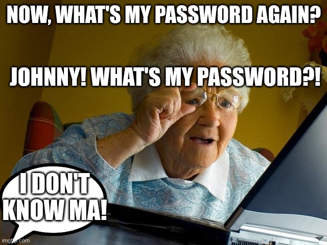 Grandma on the Internet | NOW, WHAT'S MY PASSWORD AGAIN? JOHNNY! WHAT'S MY PASSWORD?! I DON'T KNOW MA! | image tagged in memes,grandma finds the internet | made w/ Imgflip meme maker