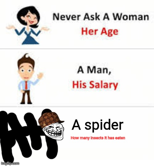 Never ask a woman her age | A spider; How many insects it has eaten | image tagged in never ask a woman her age | made w/ Imgflip meme maker