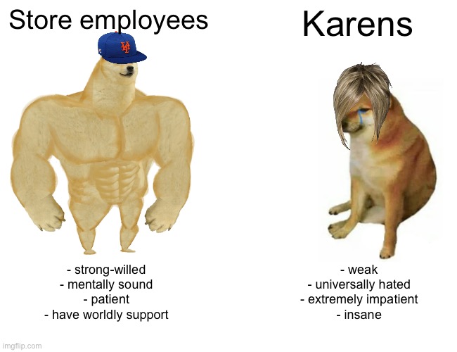 Karens suck | Store employees; Karens; - strong-willed
- mentally sound
- patient
- have worldly support; - weak
- universally hated
- extremely impatient
- insane | image tagged in memes,buff doge vs cheems,karen | made w/ Imgflip meme maker