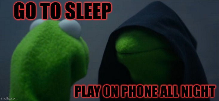 Evil Kermit Meme | GO TO SLEEP; PLAY ON PHONE ALL NIGHT | image tagged in memes,evil kermit | made w/ Imgflip meme maker