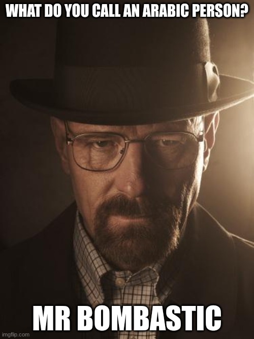 this meme is for community moderator and his love for racist jokes | WHAT DO YOU CALL AN ARABIC PERSON? MR BOMBASTIC | image tagged in walter white | made w/ Imgflip meme maker