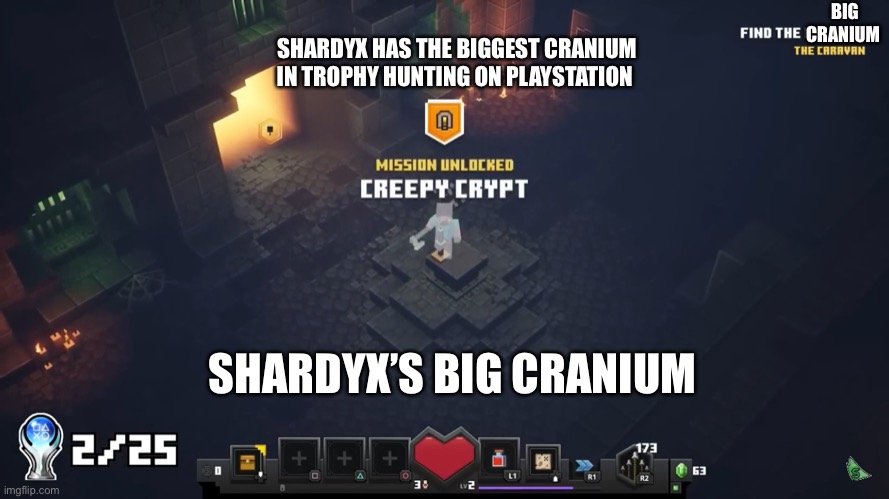 ShardyX has the biggest cranium in PlayStation trophy hunting | BIG CRANIUM; SHARDYX HAS THE BIGGEST CRANIUM IN TROPHY HUNTING ON PLAYSTATION; SHARDYX’S BIG CRANIUM | image tagged in minecraft,playstation,big head | made w/ Imgflip meme maker