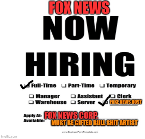 Fox news is looking | FOX NEWS; FAKE NEWS HOST; FOX NEWS CORP. MUST BE GIFTED BULL SHIT ARTIST | image tagged in fox news,you're hired,fake news,show,politics | made w/ Imgflip meme maker