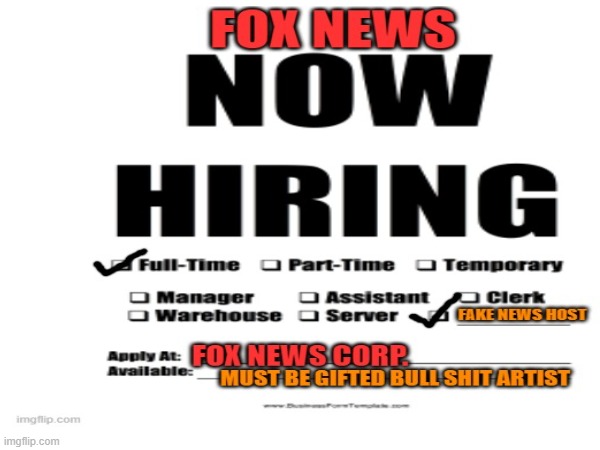 Fox is now hiring | image tagged in fox news,employment,tucker carlson,fired,politics | made w/ Imgflip meme maker
