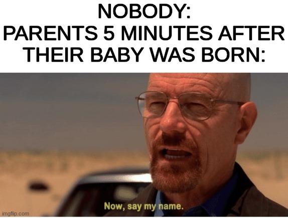 why do they do that | NOBODY:
PARENTS 5 MINUTES AFTER THEIR BABY WAS BORN: | image tagged in now say my name | made w/ Imgflip meme maker