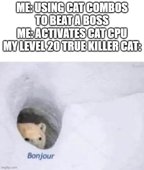 Battle cats | ME: USING CAT COMBOS TO BEAT A BOSS
ME: ACTIVATES CAT CPU
MY LEVEL 20 TRUE KILLER CAT: | image tagged in bonjour | made w/ Imgflip meme maker