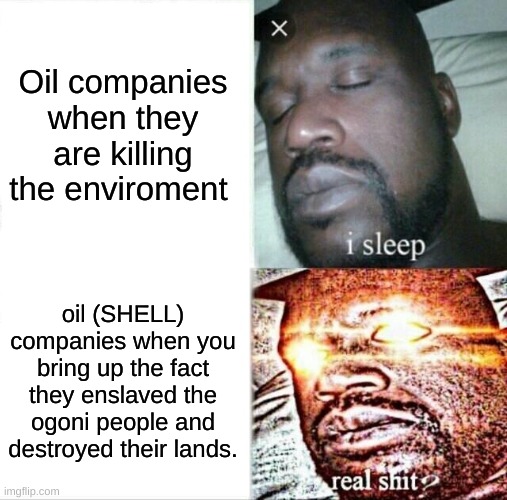 Sleeping Shaq | Oil companies when they are killing the enviroment; oil (SHELL) companies when you bring up the fact they enslaved the ogoni people and destroyed their lands. | image tagged in memes,sleeping shaq | made w/ Imgflip meme maker