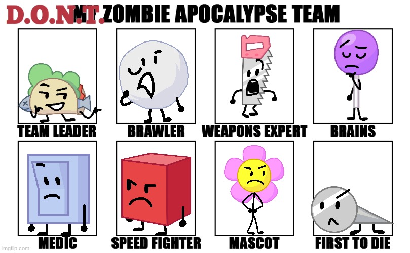 D.O.N.T zombie apocalypse team POGGERS O: | image tagged in my zombie apocalypse team v2 memes | made w/ Imgflip meme maker