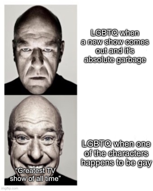 Hank Breaking Bad | LGBTQ when a new show comes out and it’s absolute garbage; LGBTQ when one of the characters happens to be gay; “Greatest TV show of all time” | image tagged in hank breaking bad | made w/ Imgflip meme maker