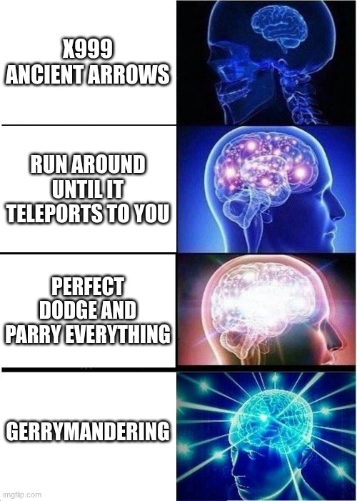 How to defeat Thunderblight: | X999 ANCIENT ARROWS; RUN AROUND UNTIL IT TELEPORTS TO YOU; PERFECT DODGE AND PARRY EVERYTHING; GERRYMANDERING | image tagged in memes,expanding brain | made w/ Imgflip meme maker