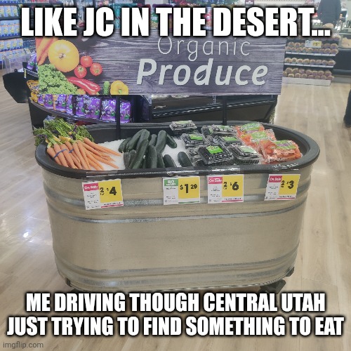 LIKE JC IN THE DESERT... ME DRIVING THOUGH CENTRAL UTAH JUST TRYING TO FIND SOMETHING TO EAT | made w/ Imgflip meme maker