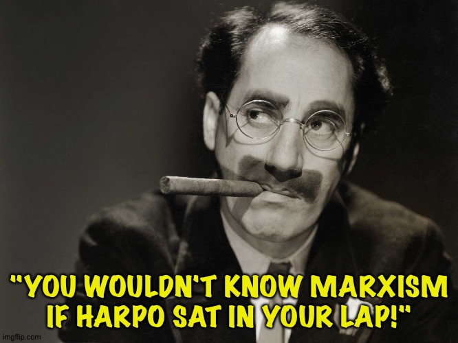 Thoughtful Groucho | "YOU WOULDN'T KNOW MARXISM IF HARPO SAT IN YOUR LAP!" | image tagged in thoughtful groucho | made w/ Imgflip meme maker