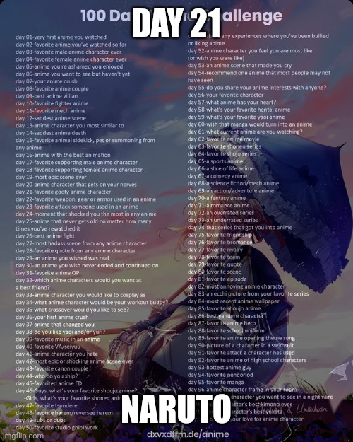 100 day anime challenge | DAY 21; NARUTO | image tagged in 100 day anime challenge | made w/ Imgflip meme maker