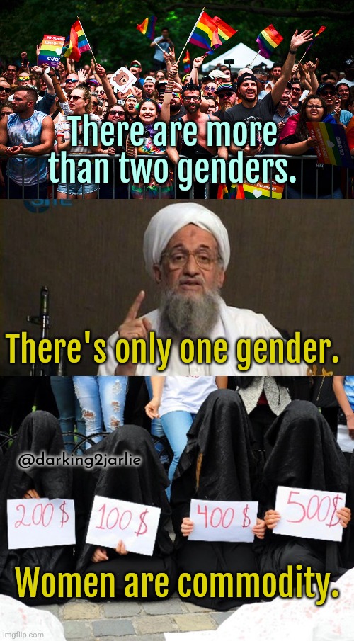 Mullah: 1 Libs: 0 | There are more than two genders. There's only one gender. @darking2jarlie; Women are commodity. | image tagged in gender identity,genders,women,islam,islamophobia,liberals | made w/ Imgflip meme maker