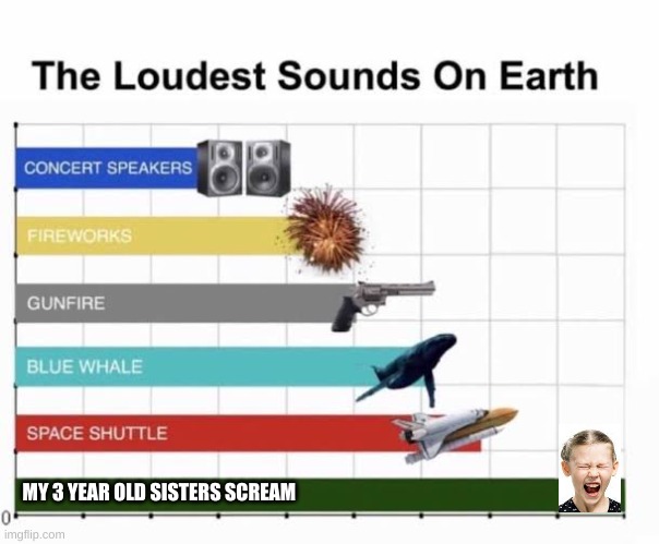 The Loudest Sounds on Earth | MY 3 YEAR OLD SISTERS SCREAM | image tagged in the loudest sounds on earth | made w/ Imgflip meme maker