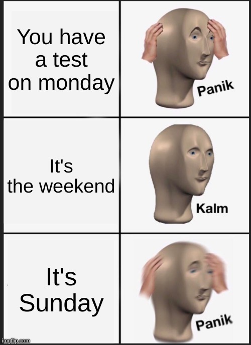 Tests | You have a test on monday; It's the weekend; It's Sunday | image tagged in memes,panik kalm panik | made w/ Imgflip meme maker