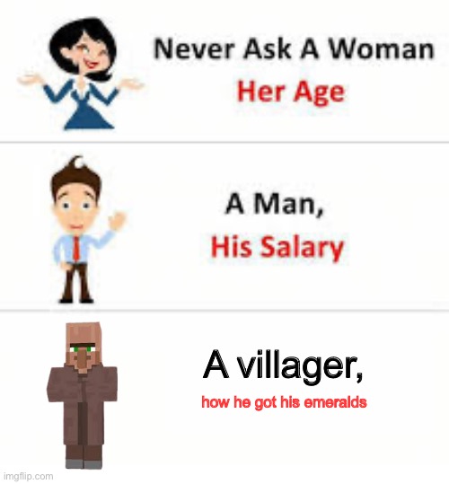 How did they get them if they don’t have arms. | A villager, how he got his emeralds | image tagged in never ask a woman her age,minecraft | made w/ Imgflip meme maker