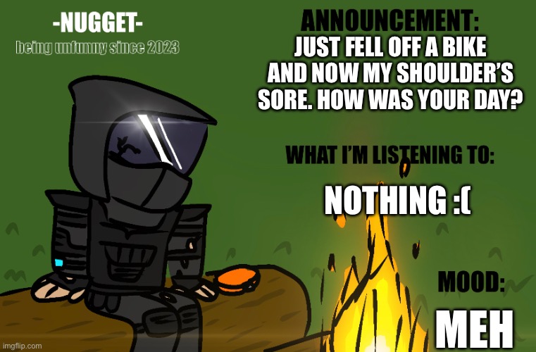 other than that I had a good day | JUST FELL OFF A BIKE AND NOW MY SHOULDER’S SORE. HOW WAS YOUR DAY? NOTHING :(; MEH | image tagged in drawing,why are you reading the tags | made w/ Imgflip meme maker
