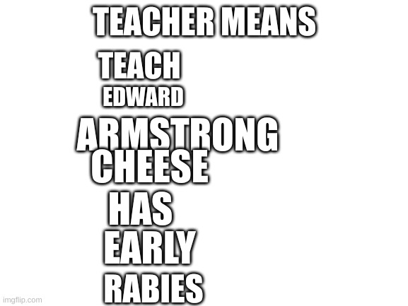 Blank White Template | TEACHER MEANS; TEACH; EDWARD; ARMSTRONG; CHEESE; HAS; EARLY; RABIES | image tagged in blank white template | made w/ Imgflip meme maker
