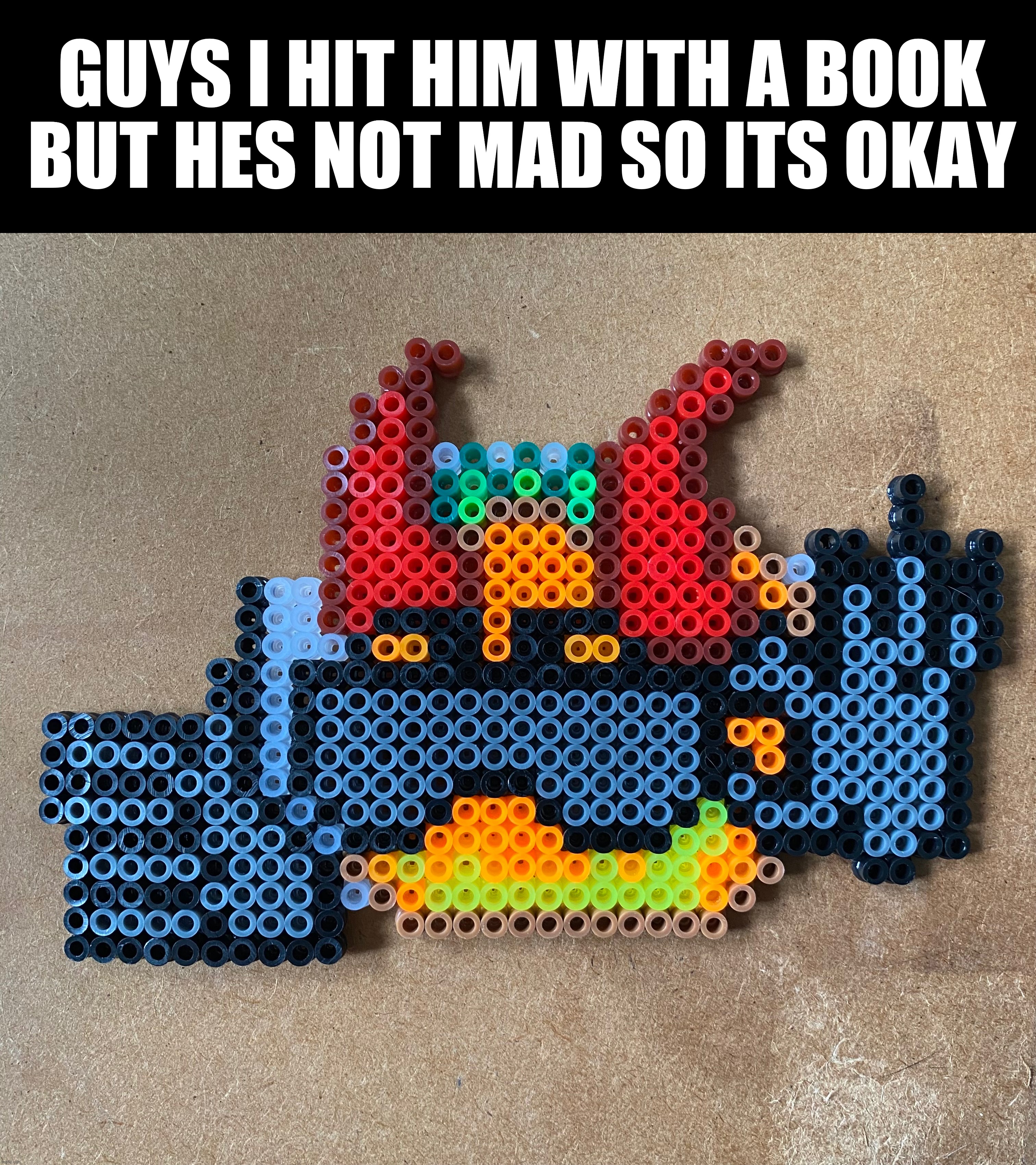 Caption courtesy of my cousin, who may join the drawing stream soon if i can convince them | GUYS I HIT HIM WITH A BOOK BUT HES NOT MAD SO ITS OKAY | image tagged in ocs,not a drawing but it counts right,mmmmmm perler beads,why are you reading the tags,amogus | made w/ Imgflip meme maker