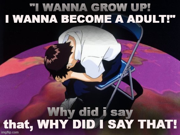 God i was so stupid | "I WANNA GROW UP! I WANNA BECOME A ADULT!"; Why did i say that, WHY DID I SAY THAT! | image tagged in shinji crying,sobs | made w/ Imgflip meme maker