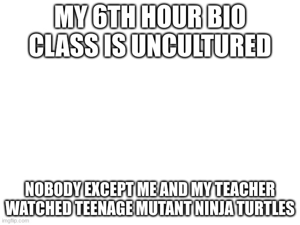 MY 6TH HOUR BIO CLASS IS UNCULTURED; NOBODY EXCEPT ME AND MY TEACHER WATCHED TEENAGE MUTANT NINJA TURTLES | made w/ Imgflip meme maker