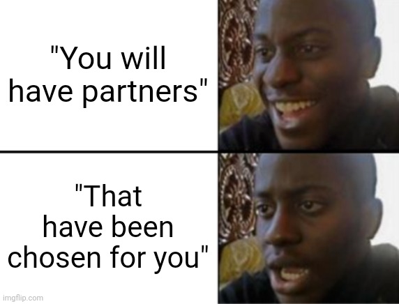 Really school? | "You will have partners"; "That have been chosen for you" | image tagged in oh yeah oh no,memes,funny,cool | made w/ Imgflip meme maker