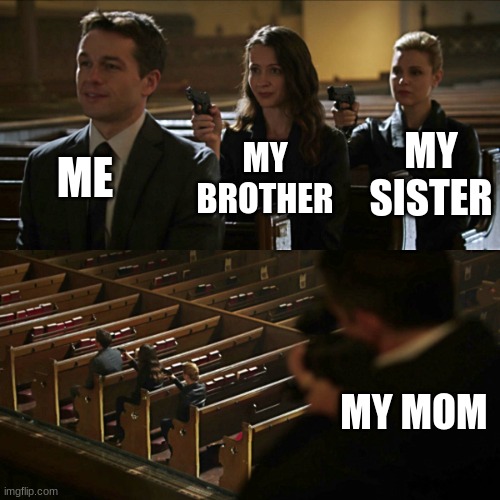 ? | ME; MY SISTER; MY BROTHER; MY MOM | image tagged in assassination chain | made w/ Imgflip meme maker