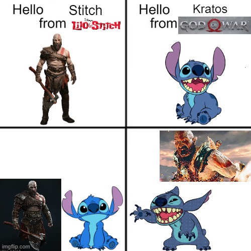 Kratos meets Stitch | Kratos; Stitch | image tagged in hello person from,lilo and stitch,god of war | made w/ Imgflip meme maker