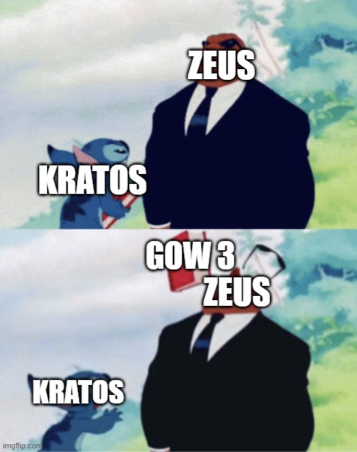 Kratos Vs Zeus in a nutshell | ZEUS; KRATOS; GOW 3; ZEUS; KRATOS | image tagged in stitch throwing book,kratos,memes,lilo and stitch,god of war | made w/ Imgflip meme maker