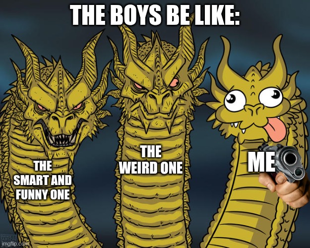 grbiGULBWNIZ | THE BOYS BE LIKE:; THE WEIRD ONE; ME; THE SMART AND FUNNY ONE | image tagged in three-headed dragon,so true memes | made w/ Imgflip meme maker